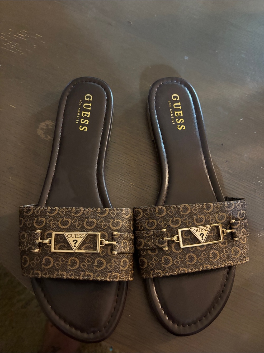 GUESS Brown Monogram Slide Sandals with Gold Accent